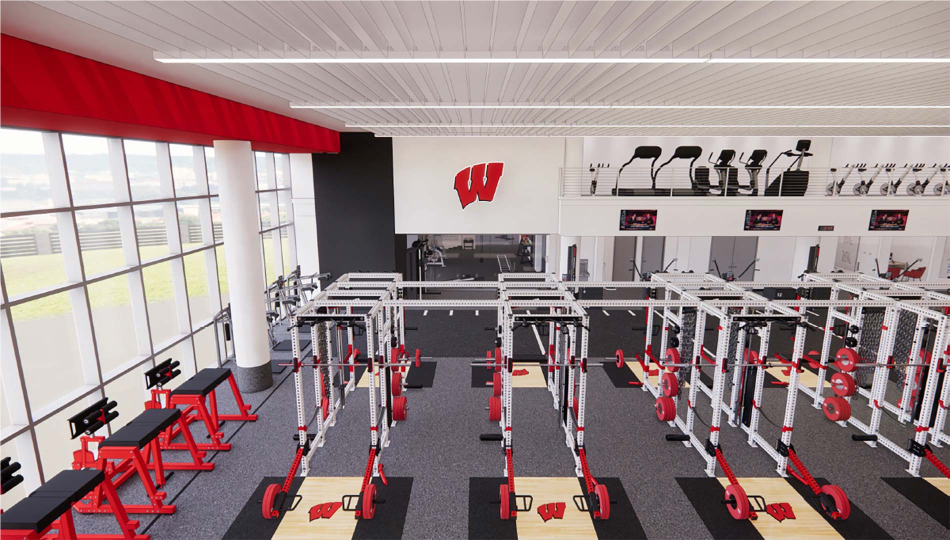 A rendering view looking down into a workout space filled with equipment such as squat racks, treadmills, and weights.