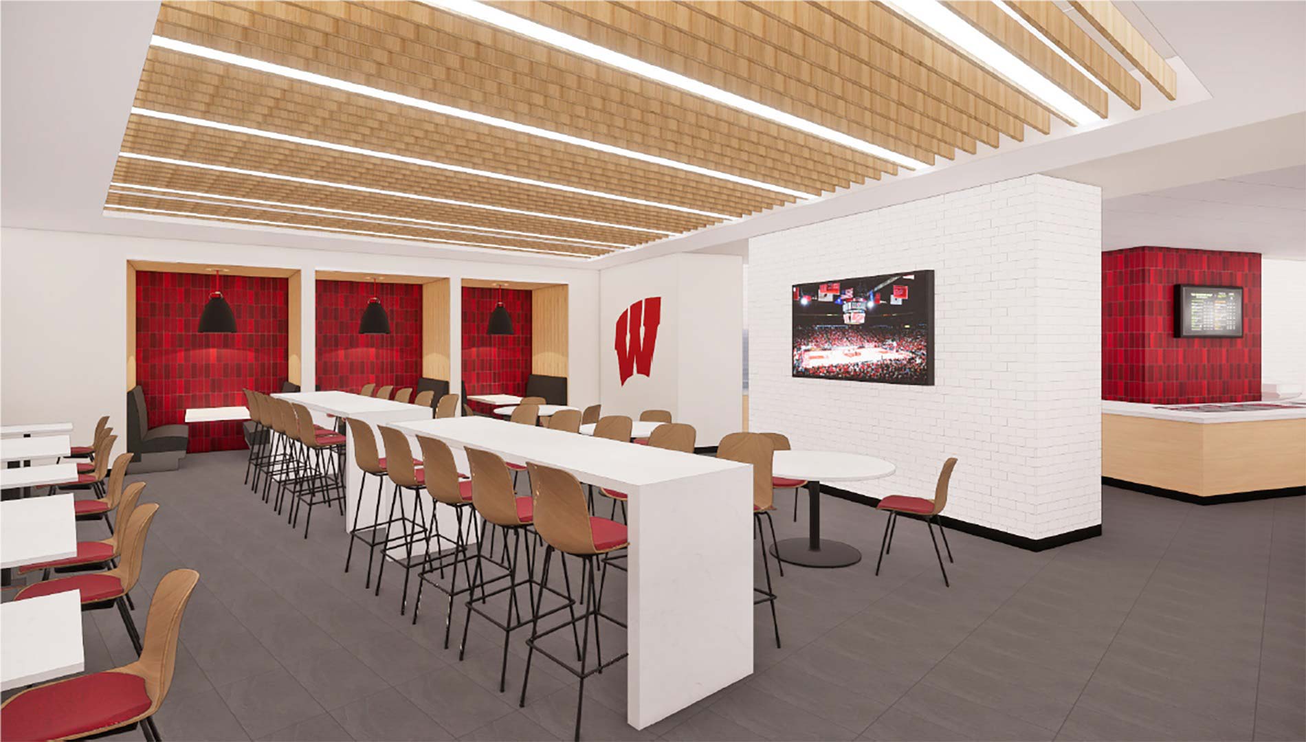 A rendering view of a dining area with tables, chairs, and booths with white walls, lighting, red accent walls.