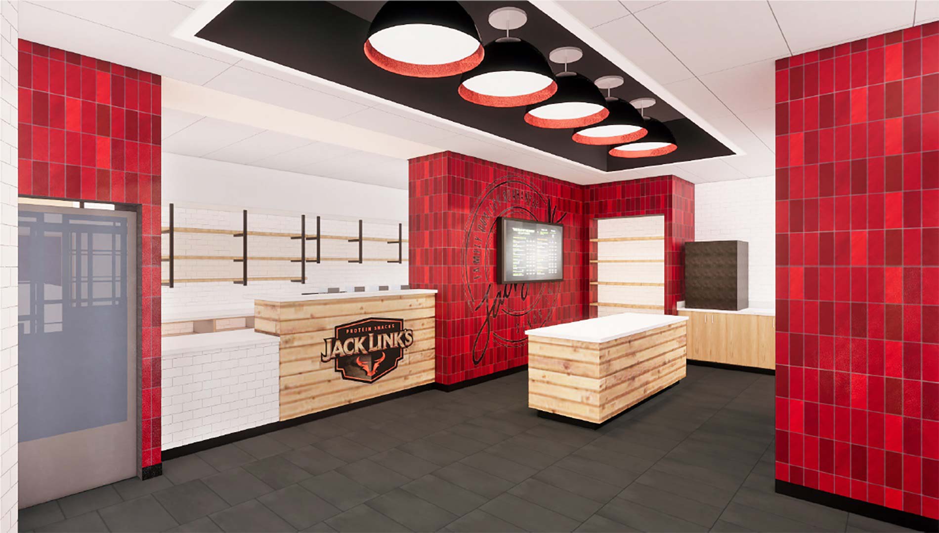 A rendering view of the Jack Links Protein area where student-athletes can get food and other protein items. The area has large overhead lighting, mostly red tiled covered walls, and wood accents.