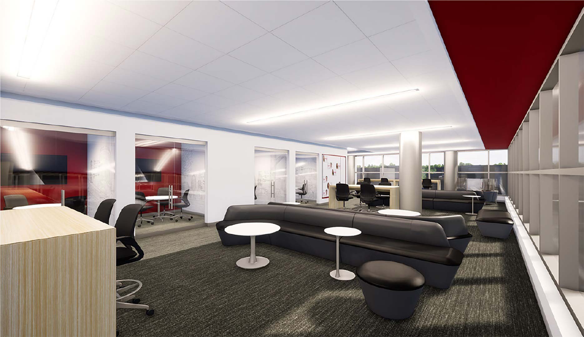 A rendering view of a study area and study rooms. The study area has tables, couches, and chairs with two large glass exterior walls.