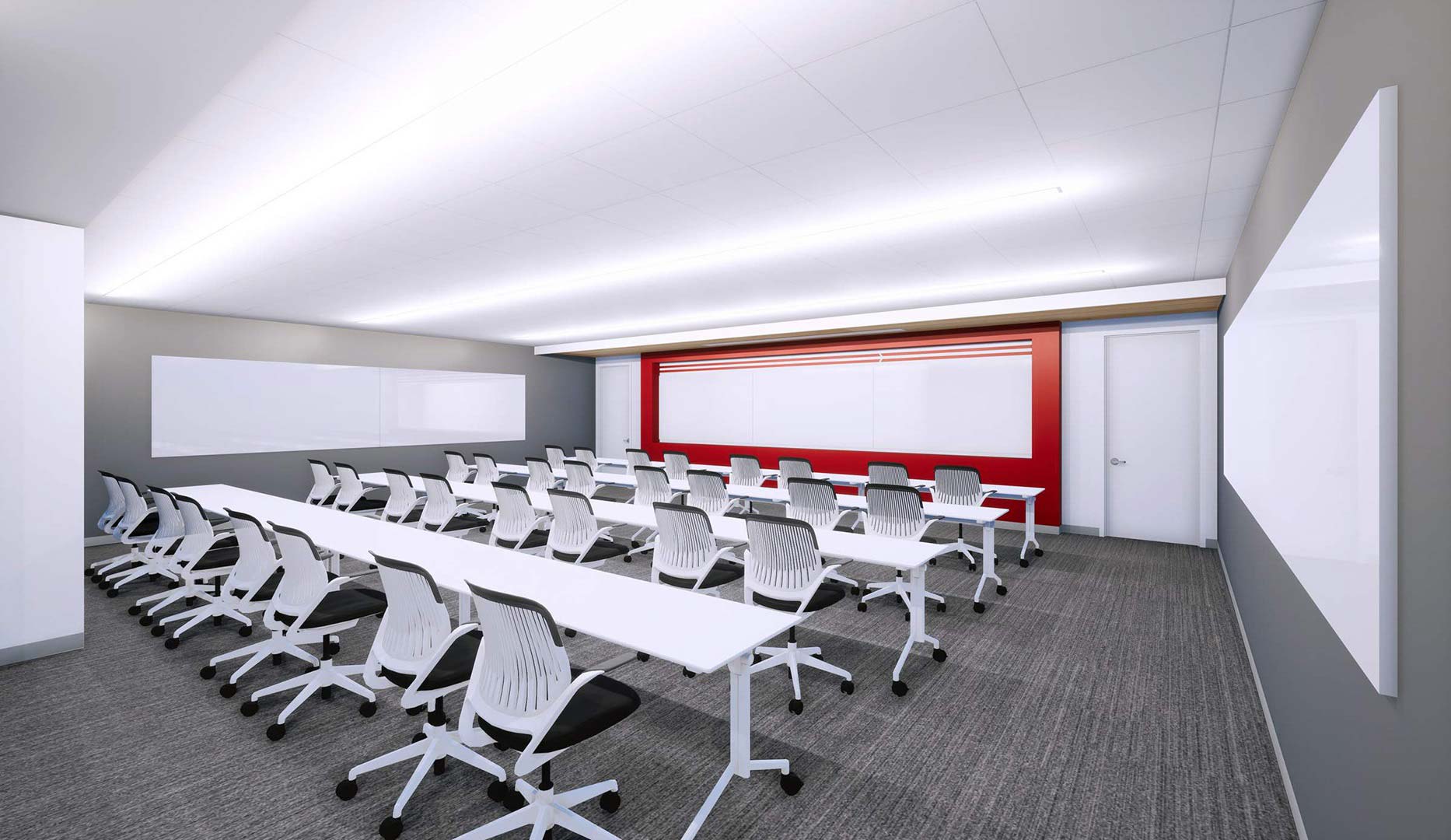 A rendering view of a team meeting room with white boards at the front, 4 rows of long tables with white and black office chairs.