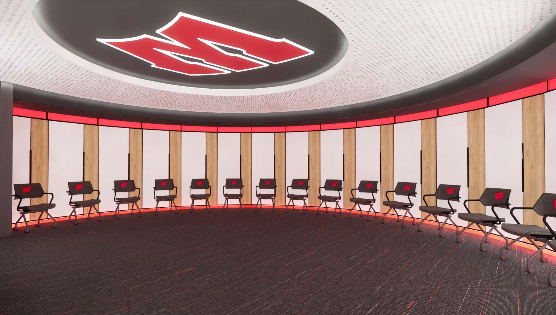 A rendering view of a large circular team locker / changing area with white doors for each locker separated by wood accents. Each locker has a rolling chair in front of it with a red motion W logo. There is carpet on the floor and an accent ceiling that has a very large red and white motion W logo on it.