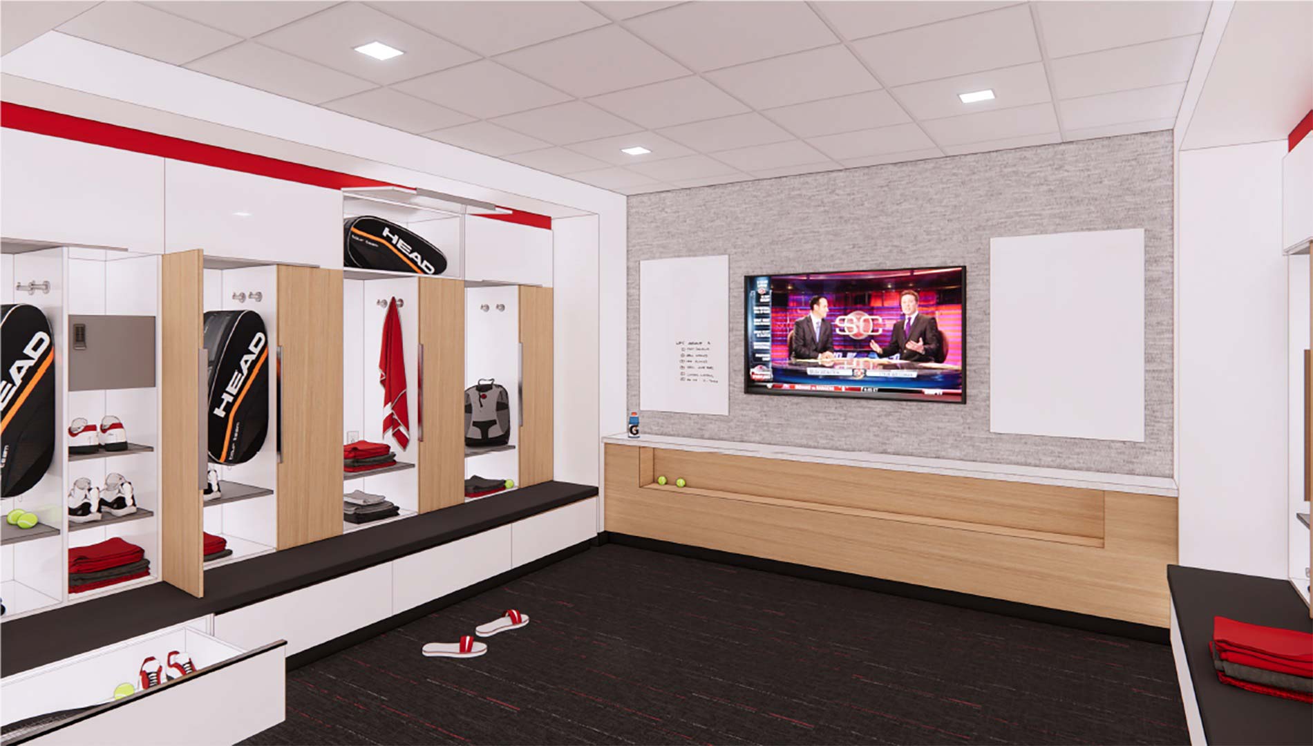 A rendering of a locker / changing area for tennis, with individual locker areas with wood doors for each locker, carpet on the floor, red accents on the walls, and large TV on one of the wall.