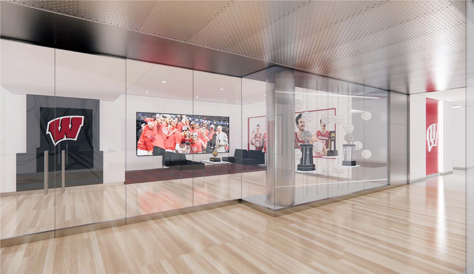 A rendering of a large area with two spaces. The first space in the foreground looks like a hallway with wood floors and a metal accent ceiling. In the second space in the background there is a lounge area with men's basketball photos on the walls and some trophies. The two spaces are separated by large floor to ceiling glass windows and doors.