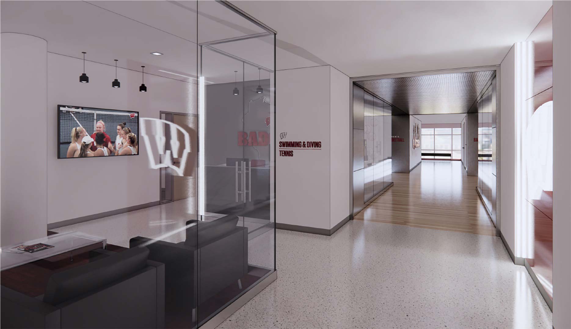 A rendering of an interior area of a hallway with a glassed in that has black chairs and a TV on the wall.
